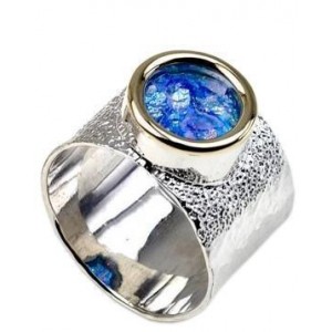 Sterling Silver Ring with Roman Glass and 9k Yellow Gold-Rafael Jewelry Israeli Jewelry Designers