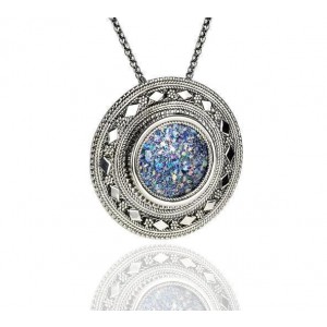 Round Sterling Silver Pendant with Roman Glass & Filigree Rafael Jewelry Designer Israeli Jewelry Designers