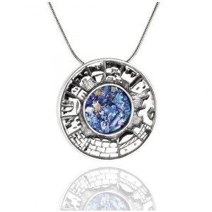 Round Roman Glass Pendant in Sterling Silver with Jerusalem Motif Rafael Jewelry Designer Día de Jerusalén