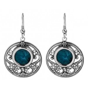 Round Sterling Silver Earrings with Eilat Stone and Swirling Carvings-Rafael Jewelry Joyería Judía