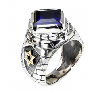 Rafael Jewelry Sterling Silver Ring with Yellow Gold Star of David and Jerusalem Motif & Amethyst Joyería Judía