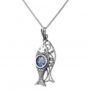 Fish Pendant in Sterling Silver & Roman Glass by Rafael Jewelry Joyería Judía