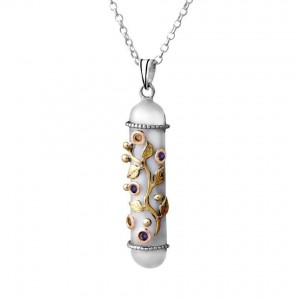Sterling Silver Amulet Pendant with Gems and Yellow Gold leaves by Rafael Jewelry Joyería Judía