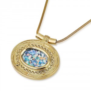 14K Gold Necklace with Oval Roman Glass by Ben Jewelry Joyería Judía