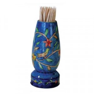 Yair Emanuel Hand Painted Toothpick Stand with Birds and Branches in Wood Casa Judía
