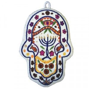 Charming Hamsa Embroidered with Menorah Design by Yair Emanuel - Small
 Judaica Moderna