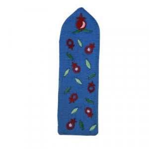Yair Emanuel Raw Silk Embroidered Bookmark with Pomegranates in Blue Judaica Moderna
