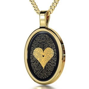 14K Gold and Onyx Necklace  I Love You in 120 Languages Micro-Inscribed with  24K Gold  on Heart  Joyería Judía