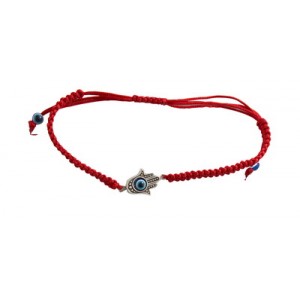 Red Knitted Kabbalah Bracelet with Beads and Small Hamsa Bijoux de la Kabbale