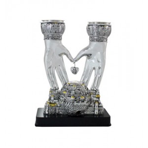 Silver Polyresin Shabbat Candlesticks with Jerusalem and Blessing Hand Stems Ocasiones Judías