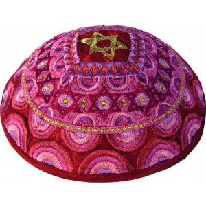 Yair Emanuel Kippah with Gold Star of David and Red Embroidered Decorations Judaica Moderna