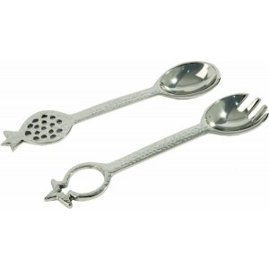 Yair Emanuel Nickel Spoon Set with Hammered Pattern and Pomegranates Kitchen Supplies