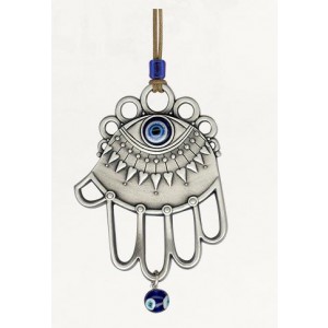 Silver Hamsa Wall Hanging with Modern Evil Eye Design and Hanging Bead Artistas y Marcas