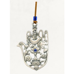 Silver Hamsa with Traditional Symbols and Single Swarovski Crystal Israeli Art