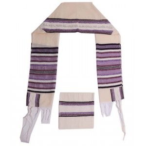 White Cotton Tallit with Purple and Black Stripes and Silver Hebrew Text Artistas y Marcas
