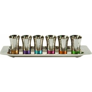 Yair Emanuel Nickel Wine Cup Set with Hammered Pattern and Multicolor Rings Services à Vin