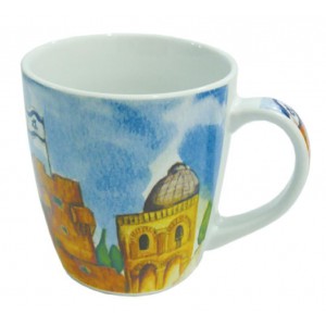 White Ceramic Mug with Jerusalem and Tower of David Jewish Coffee Mugs