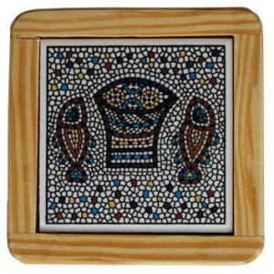 Armenian Wooden Coaster with Mosaic Fish & Bread Kitchen Supplies