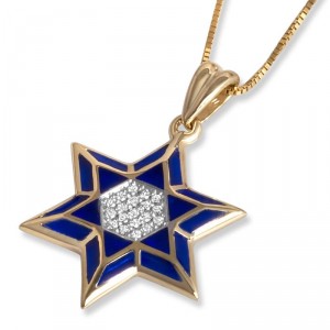 Gold Star of David Pendant with Diamonds and Blue Enamel Anbinder Jewelry