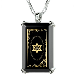 Sterling Silver and Onyx Tablet Necklace for Men with Micro-Inscribed Shema Prayer and Star of David Nano Jewelry
