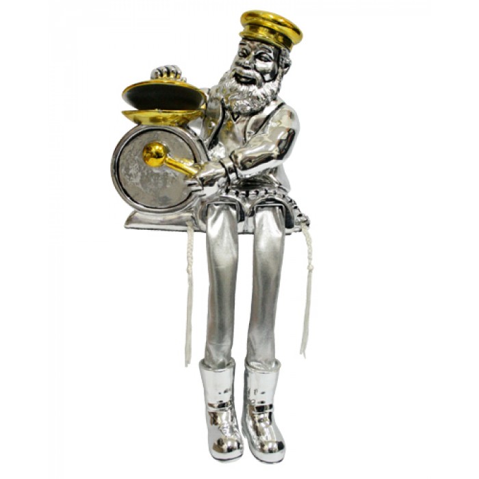 Polyresin Silver Sitting Hassidic Drum Player Figurine with Cloth Legs