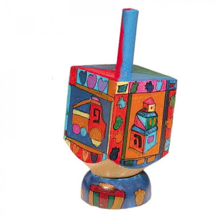 Yair Emanuel Small Wooden Dreidel with Designs of Toys and Stand