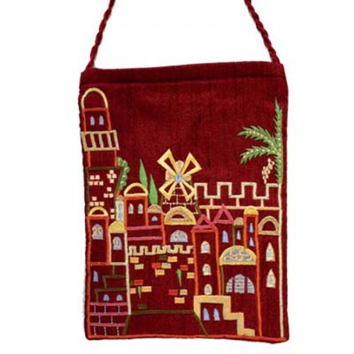 Yair Emanuel Embroidered Bag with Jerusalem Design in Maroon