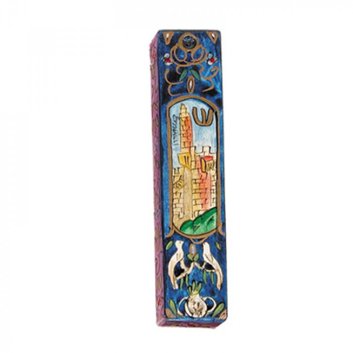 Yair Emanuel Small Wooden Mezuzah With Tower of David