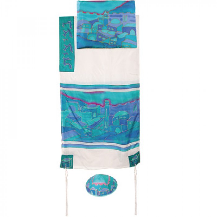 Yair Emanuel Hand Painted Tallit with Jerusalem Vista in Blue and White Silk