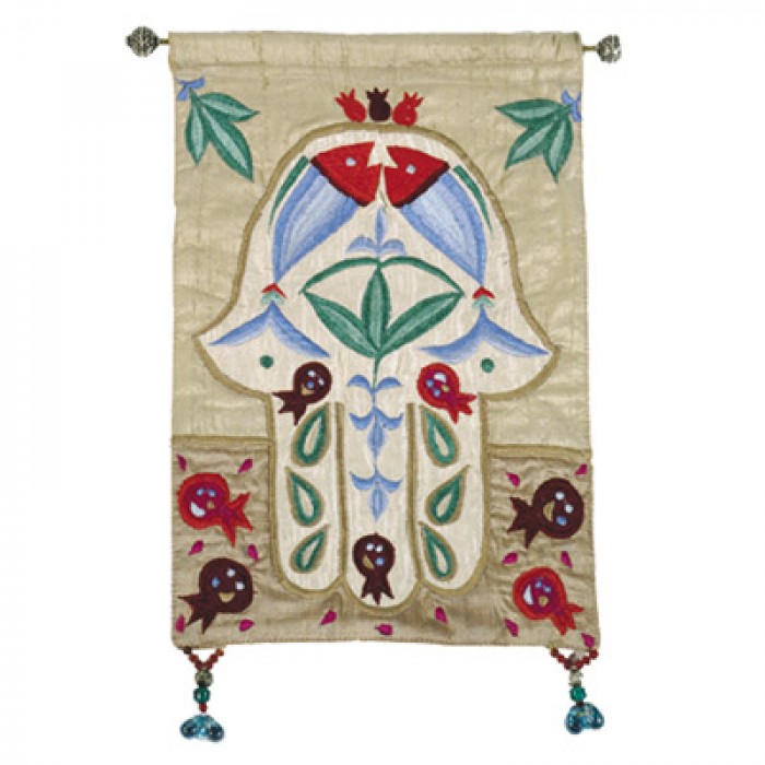 Yair Emanuel Raw Silk Embroidered Small Wall Decoration with Hamsa in Gold