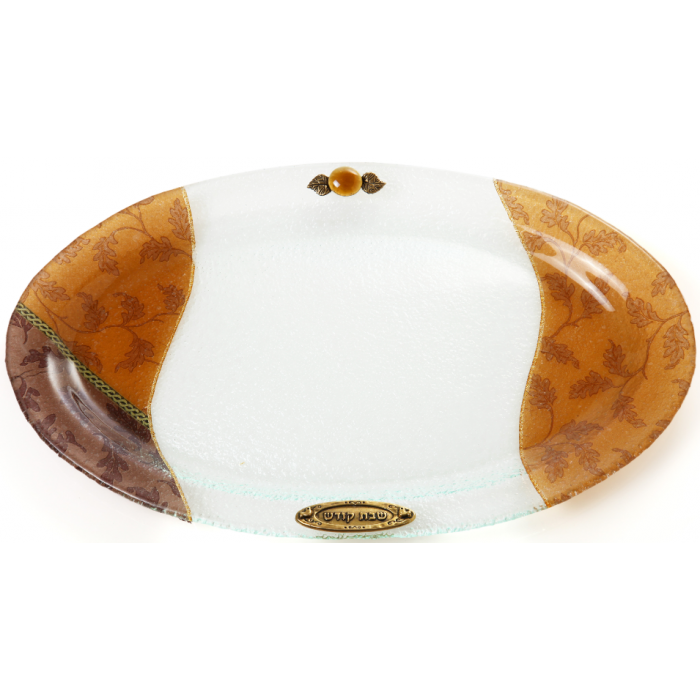 Oval Glass Challah Tray with Orange and Brown Leaves and Shabbat Kodesh