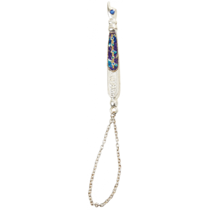 Torah Pointer with Blue Beads and Purple Geometric Pattern in Metal