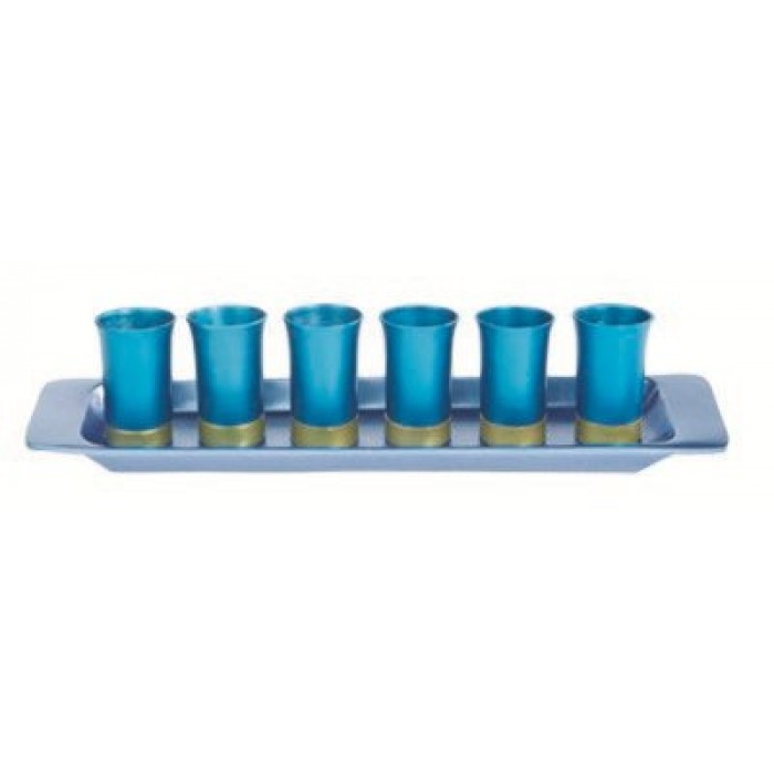 Set of 6 Yair Emanuel Turquoise Anodized Aluminium Cups with Tray