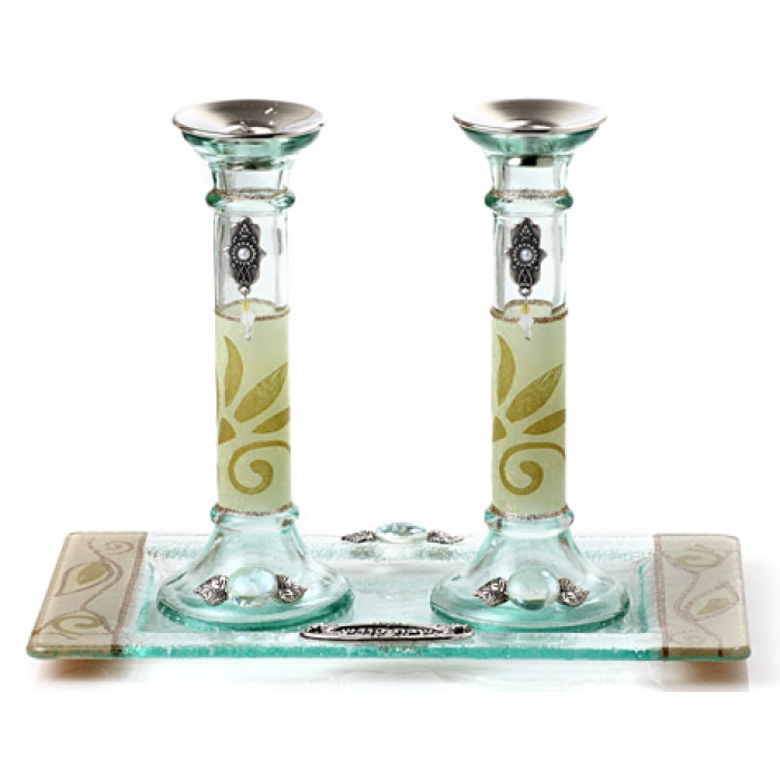 Glass Shabbat Candlesticks with Leaf Print and Tray