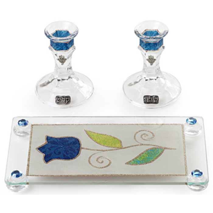 Crystal Shabbat Candlesticks with Bold Blue Décor and Tray