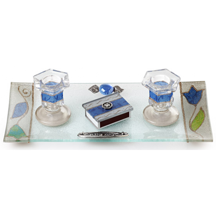 Shabbat Candlestick Set with Bold Blue Accents and Matchbox