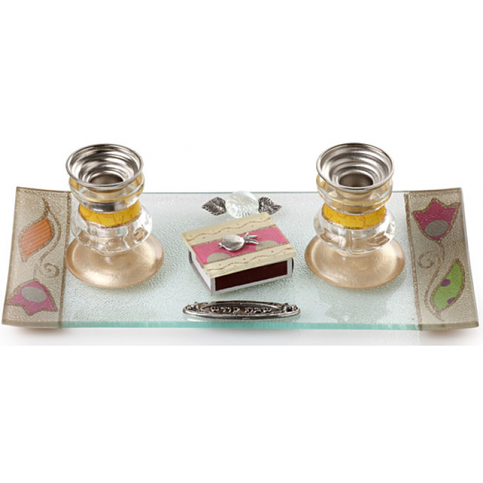 Shabbat Candlestick Set with Pink Flower Motif and Matchbox