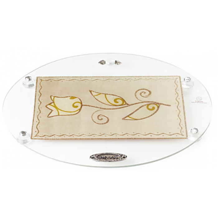 Glass Oval Challah Board for Shabbat with Single Flower Design