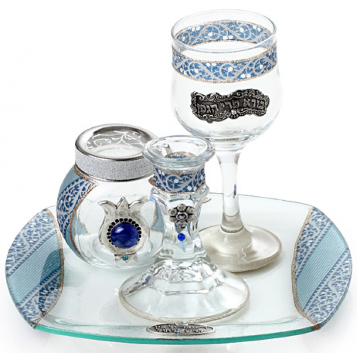 Glass Havdalah Set with White and Blue Motif