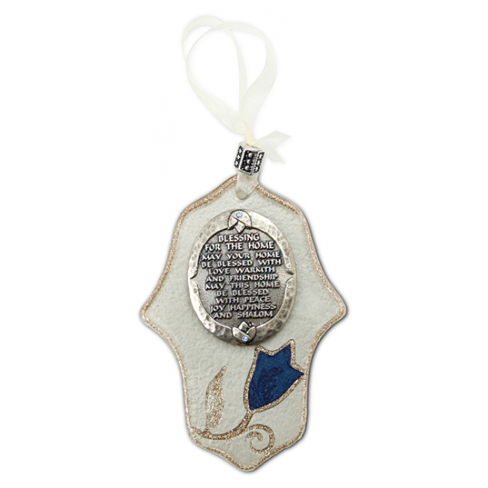 Glass Hamsa Wall Hanging with Home Blessing and Blue Flower Motif