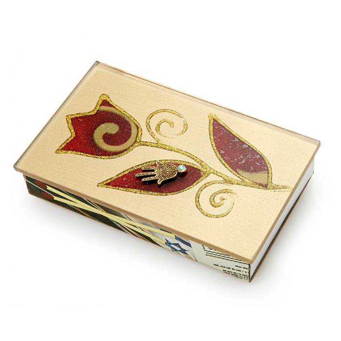 Glass Matchbox for Shabbat with Red and Gold Flower