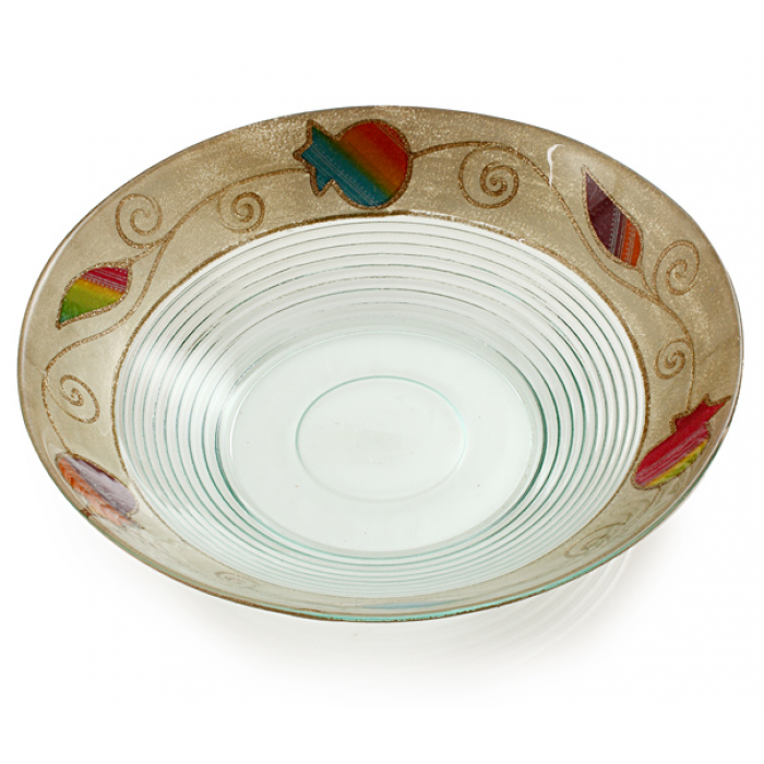 Glass Serving Bowl with Ridged Design and Colored Pomegranates