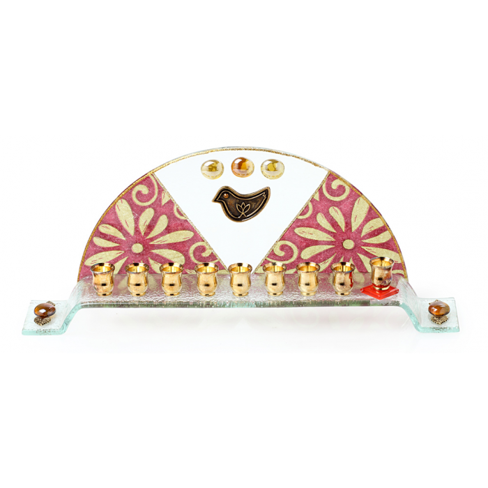 Glass Hanukkah Menorah with Red and Gold Pattern