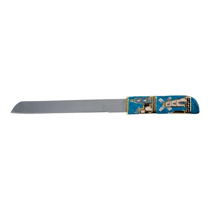 Challah Knife with Jerusalem Images in Turquoise and White with Crystal Accents