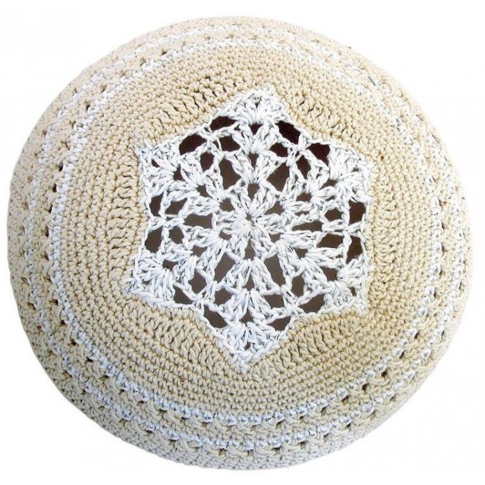 Beige Knitted Kippah with White Star of David and Air Holes