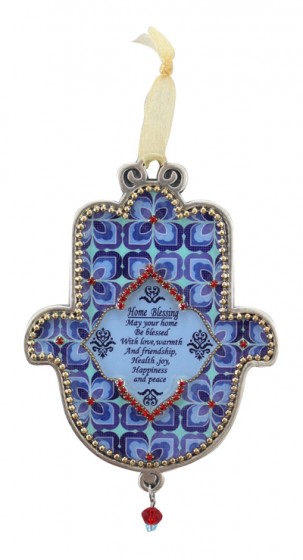 Pewter Hamsa with Blue Leaves, English Home Blessing and Red Crystals