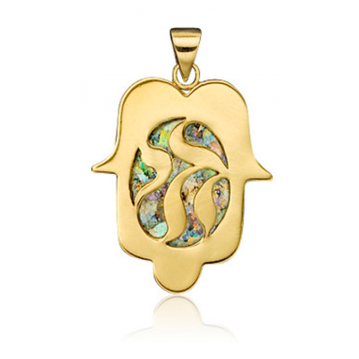 Hamsa Pendant with Roman Glass and Chai design in 14K gold