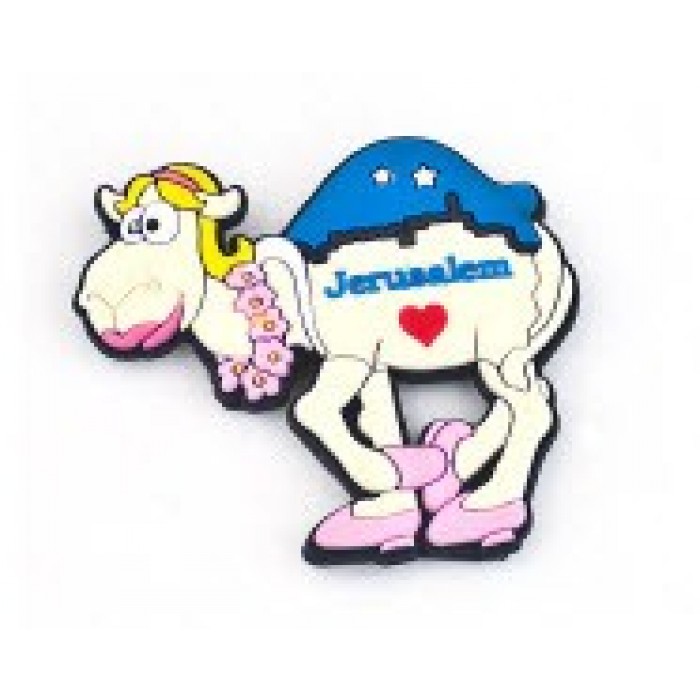 Silicon Camel Magnet with Pink Shoes, Lei and Blue and White Shirt