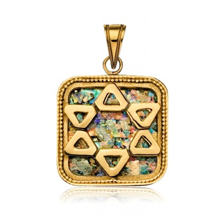Square Star of David Pendant in 14k Gold and Roman Glass