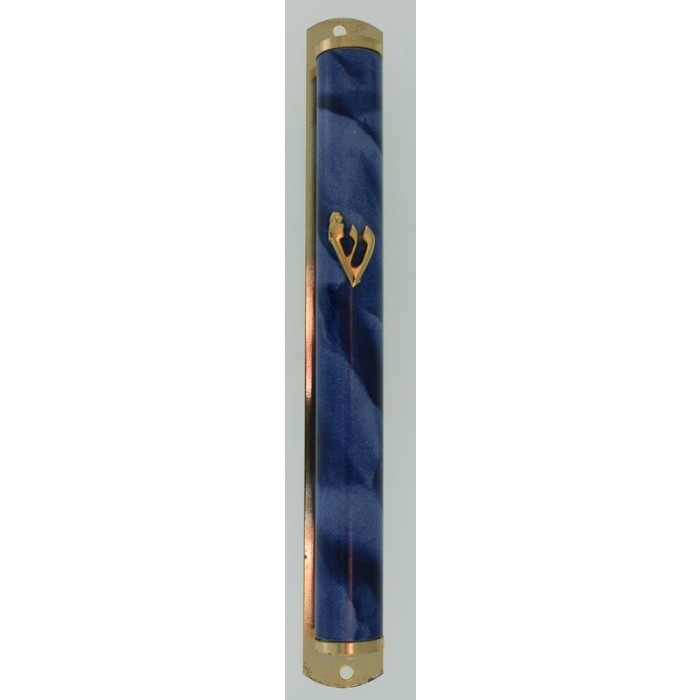 Metal Mezuzah with Blue Plating and Gold Hebrew Letter Shin